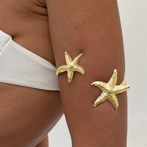 COLORFUL BLING Ocean Starfish Flower Arm Cuff Bracelet for Women Boho Floral Bangle Summer Beach Vacation Armband Jewelry - color: A gold stafish
