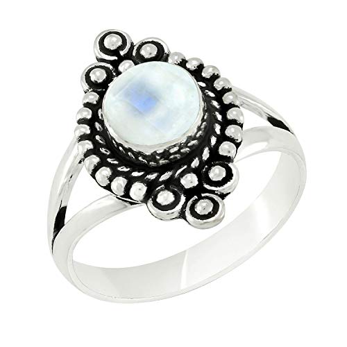 Round Shape Natural Gemstone Vintage Style Handmade Rings for Women - 925 Silver Overlay Handmade Birthstone Ring Jewelry Gift for Her Mom Wife Sister - color: Moonstone