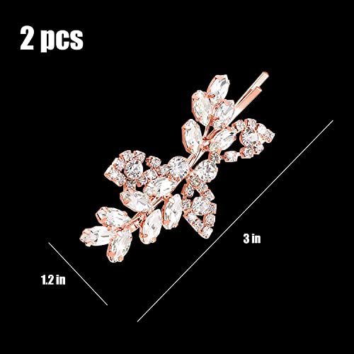 2 Pieces Rhinestone Bridal Hair Pins Leaf Bridal Wedding Hair Pins Crystal Hair Accessories Silver Rhinestone Jewelry Barrette for Brides Bridesmaids Flower Girls (Rose Gold) - color: Rose Gold