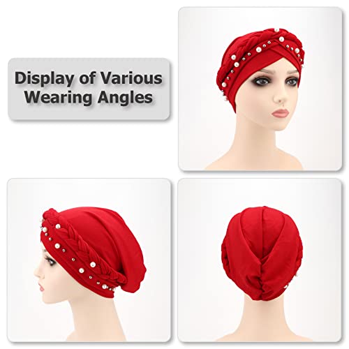 African Women Turban Caps Beanie Pre-Tied Twisted Braids Headwraps for Women Head Scarf Chemo Cancer Headwear Cap - color: 3 Pack Twisted Braid: Pearls (Red/Navy/Black)