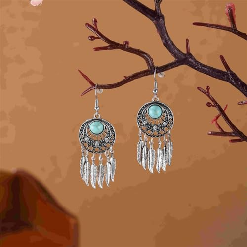 Boho Turquoise Drop Earrings Retro Long Copper Feather Tasse Metal Leaf Dangle Earrings Vintage Country Western Jewelry Cowgirl Ethnic Style Geometric Concert Festival Accessories for Women - color: Silver Feather