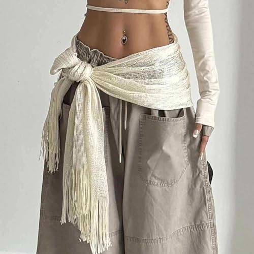 Women Y2K Lace Fringe Hip Scarf Boho Triangle Tassel Waist Cover Up Skirt Wrap Sheer Tie Belt Aesthetic Streetwear - color: H White