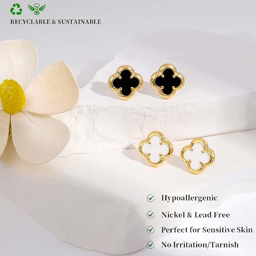 Elegant Black Onyx Clover Stud Earrings, 14K Gold Plated Four Leaf Hypoallergeinc Stud Stainless Steel Flower Earring Lucky Simple Jewelry Gift for Women Shiny Multiple Onyx Colors - color: Black Clover Stud Earrings