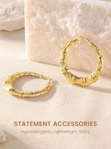 KeyStyle Bamboo Hoop Earrings for Women, Stainless Steel 90s Hoops Earring Lightweight Loops for Party, 2 mm Thick Hypoallergenic Vintage Circle Endless Thin Hoop (40mm, 60mm, 80mm,) - color: 14K Plated Gold-60mm