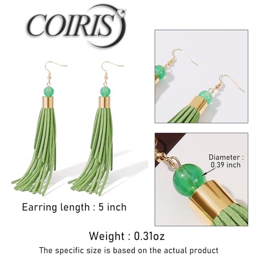 Coiris Boho Leather Layered Tassel Earrings for Women Lightweight Leather Fringe Dangle Earrings Handmade Bohemian Summer Beach Western Drop Earrings for Women - color: Green