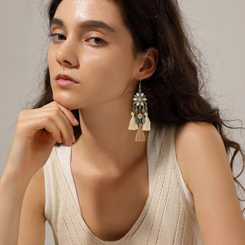 4 Pairs Vintage Boho Earrings for Women Green Bohemian Geometric Tassel Leaf Dangle Earrings Jewelry Accessories Gifts for Beach Festival & Everyday Wear - color: Brown style