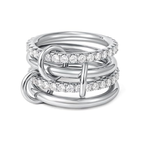 SLOONG Gold Stackable Rings for Women Non Tarnish, Dainty 18K Gold Plated Cubic Zirconia Rings, Silver Rose Gold Rings Set, Multi Ring Mixed Metals Stackable Ring Set for Women - style: 4PCS Silver