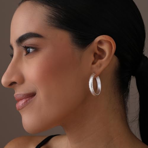 LeCalla 925 Sterling Silver Hoop Earrings for Women | 14K Gold-Plated & Rose Gold-Plated Diamond-Cut Hoop Earrings | Textured Click-Top Hoops Earring Jewelry - color: Silver Textured DC-30MM
