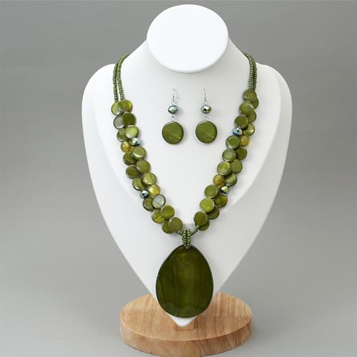 Big Teardrop Pendant Necklaces for Women Colorful Beaded Necklaces Statement Set for Holiday. - color: Olive Green