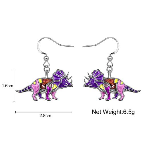 Enamel Alloy Dinosaur Fantasy Dragon Earrings Drop Dangle Unique Animal Jewelry For Women Dragons Gifts - color: Dinosaur Triceratops Violet