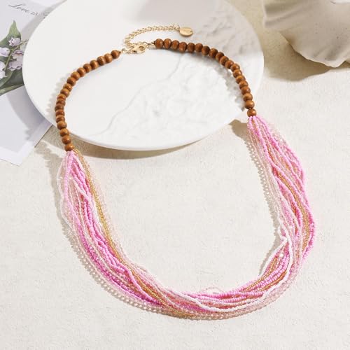 Coiris Chunky Statement Necklaces for Women Boho Multi Long Layered Strand Beaded Necklace for Women Handmade Crystal Beach Jewelry Gift - color: Pink