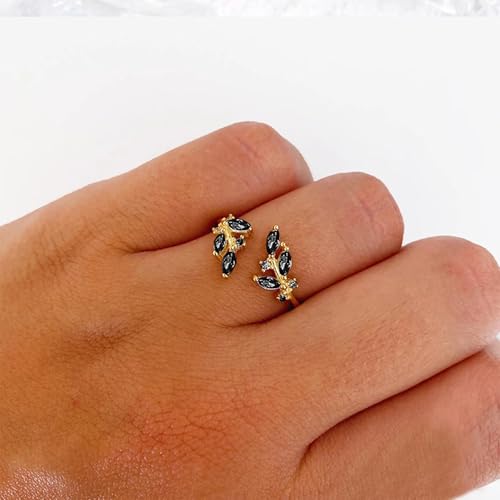Dainty Rings Open Adjustable Ring Leaf Ring for Women Dainty Stackable Rings for Women - color: Black