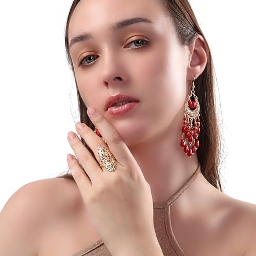 Rings for Women Summer Boho Rings Filigree Flower Ring Chunky Gold Ring Full Finger Rings Wide Band Womens Rings for Cocktail Party Birthday Gifts Statement Rings for Women - color: Gold