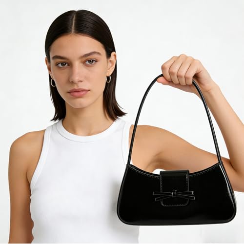 Shoulder Bags for Women Coquette Bow Purse Y2k Bag Small Cute Purses Mini Hobo Handbag Faux Leather Shoulder Purse - color: Black