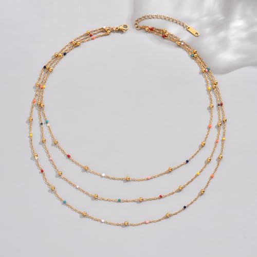 NONAMOIS Gold Chain Necklace for Women Dainty 18K Gold Plated Thin Satellite Beaded Turquoise Necklace Simple Layered Boho Jewelry Christmas Gifts - color: 3Layered Colorful Beads-Gold