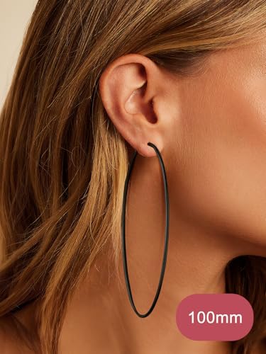 FOCALOOK 14K Gold Plated Lightweight Large Hoops| 2mm Thin Hoop Earrings for Women 30/40/50/70/100mm - color: 01.Black, size: 100mm