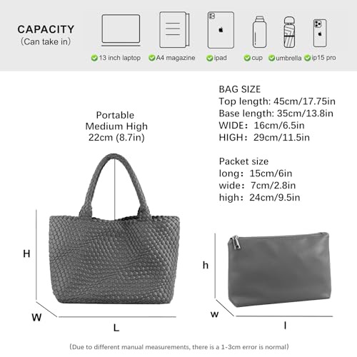 Woven Tote Bag Womens Purse Vegan Leather Shoulder Handbags Fashion Summer Beach Tote Bags Large Travel Totes - color: Gray