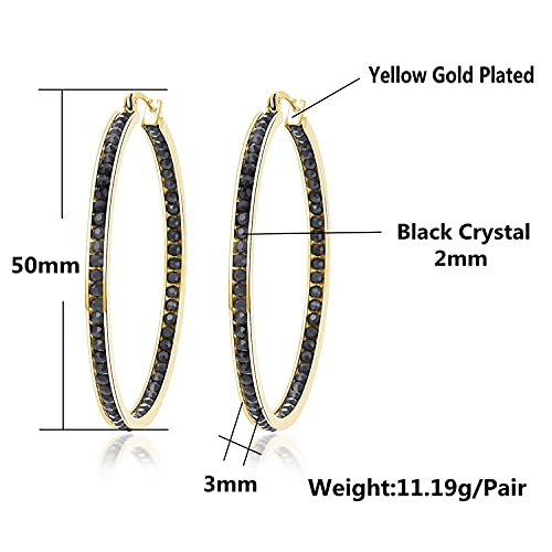 CiNily Mult-colors Crystal Stainless Steel Hoop Earring for Women Hypoallergenic Jewelry for Sensitive Ears Large Big Hoop Earrings 2" - color: Gold+Black