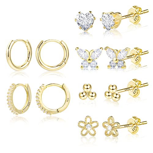 BOUTIQUELOVIN 14K Gold Stud Earrings Set for Women, for Multiple Piercing Silver Plated Studs Earrings and Zirconia Earring Set Small Huggie Hoop Chain Earing - color: 6Pairs Gold A