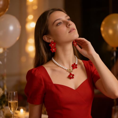 WCRAZYE Gold Flower Earrings Necklace Set for Women Boho Summer Daisy Floral Statement Earrings Brides Wedding Guest Dresses Jewelry - color: Red B