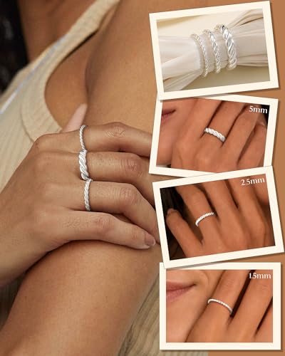 Silver Gold Rings for Women Non Tarnish 14K Gold Plated Stackable Rings for Women Stacking Thumb Pinky Eternity Cubic Zirconia Engagement Wedding Band Ring Set Woman Jewelry 1.5mm 2.5mm 5mm - color: E-Silver Twist Rings