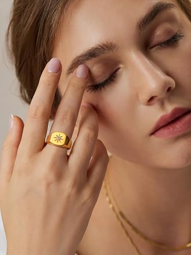 YeGieonr Non Tarnish Gold Rings for Women, Waterproof Gold Signet Ring, 18K Gold Plated Stackable Rings for Everyday Wear - color: Sqaure Pink