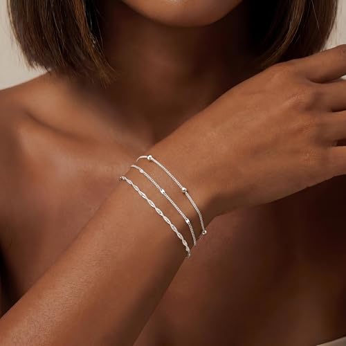 DEARMAY Sterling Silver Plated Bracelets Set for Women Waterproof, Non Tarnish Sterling Silver Link Chain Bracelets Pack Dainty, Fashion Jewelry Gifts for Everyday Comfortable - color: 6Pcs Silver Bracelet B
