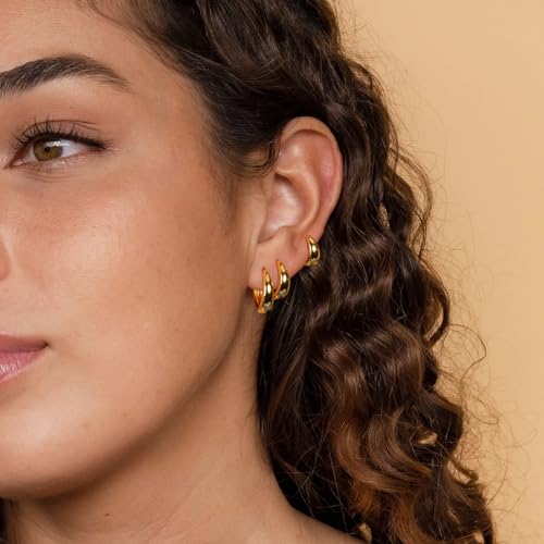 Poxtex Small Sterling Silver Huggie Hoop Earrings Set for Women, Hypoallergenic 14K Gold Plated Hoops Stacks for Multiple Piercings, Dainty Cute Mini Lightweight Cartilage Studs Trendy Jewelry Gift - color: Gold-chunky hoops 8 10 12