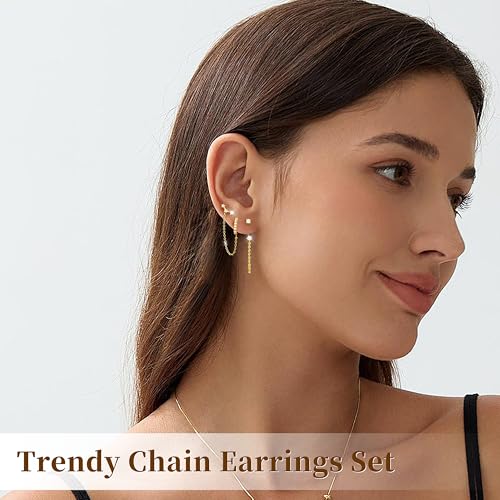 3 Pairs Dainty Small 4th of July Earrings for Women Trendy, Birthstone Stud Huggie Hoop Jacket Stack for Cartilage Helix, Gold Plated Hypoallergenic Cute Women Fashion Accessories Western Jewelry Gifts - color: Gold Plated Chain