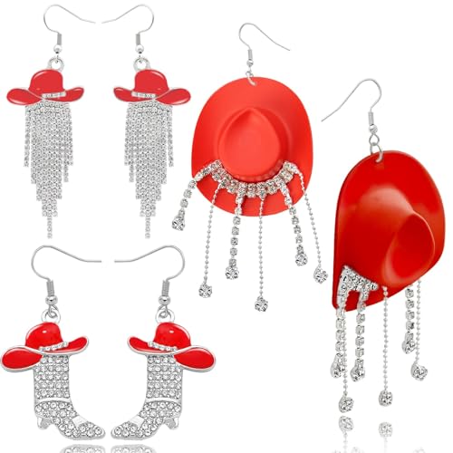 RechicGu 3 Pairs Western Cowgirl Cowboy Hat Earrings Set Silver Symmetric Boots Sparkly Rhinestone Tassels Drop Dangle Rural Culture Earrings Set For Women - color: Silver Boots,Red Hat