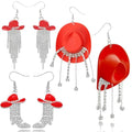 RechicGu 3 Pairs Western Cowgirl Cowboy Hat Earrings Set Silver Symmetric Boots Sparkly Rhinestone Tassels Drop Dangle Rural Culture Earrings Set For Women - color: Silver Boots,Red Hat