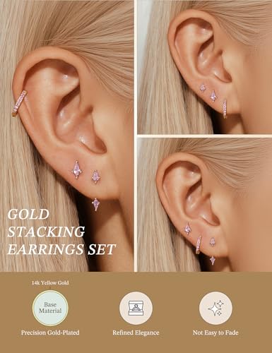 GEORGE · SMITH Stackable Kite Stud Earrings Set for Women, Gold & Silver Huggie Birthstone Jewelry with Emerald Green & Blue Sapphire, Trendy Earrings for Women 2025 - color: Gold,Pink CZ