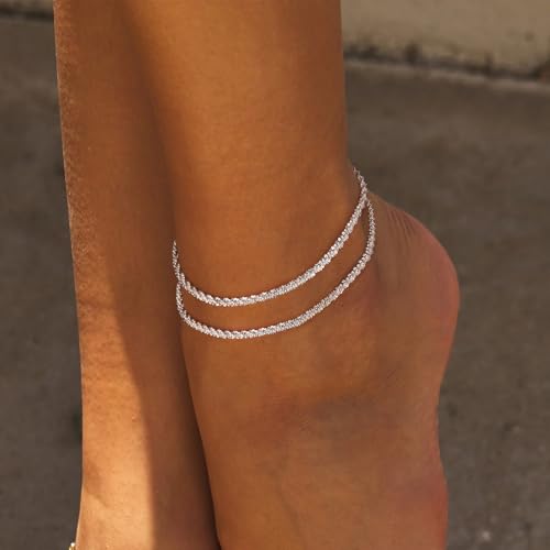 Tewiky Sterling Silver Plated Ankle Bracelets for Women,Dainty Layered Waterproof Anklet for Women Adjustable Sparkly Herringbone Beaded Rope Chain Set Stackable Cute Summer Beach Jewelry Gift - color: silver1