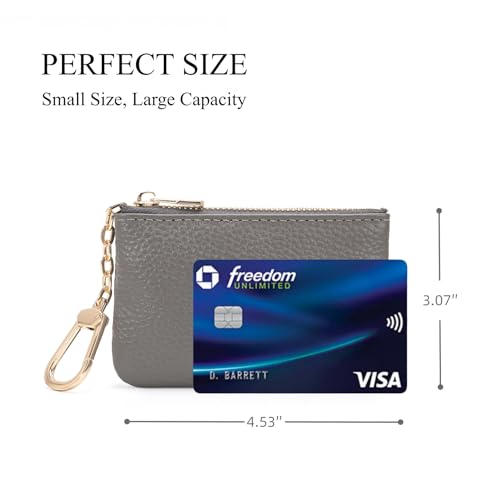 Full Grain Leather Coin Purse with Key Chain - Small Change Purse Keychain Card Holder Keychain Pouch Small Keychain Wallet for Women and Men (Gray) - color: Gray, Regular Size