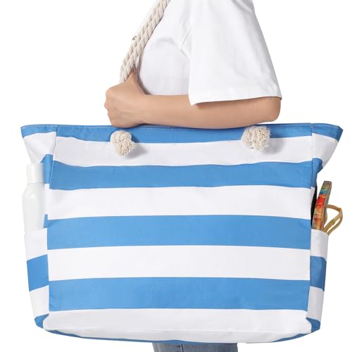 Clothirily Beach Bag for Women - Large Beach Tote Bag, Waterproof Sandproof Beach Bag with Zipper, Large Swim Pool Beach Tote - color: Sky Blue