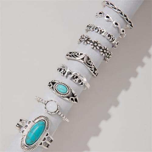 Bohemian Turquoise Ring Set for Women,Vintage Gem Turquoise Opal Joint Knuckle Stackable Rings Chunky Boho Midi Ring Pack Punk Western Ring Mixed Size - style: Style E