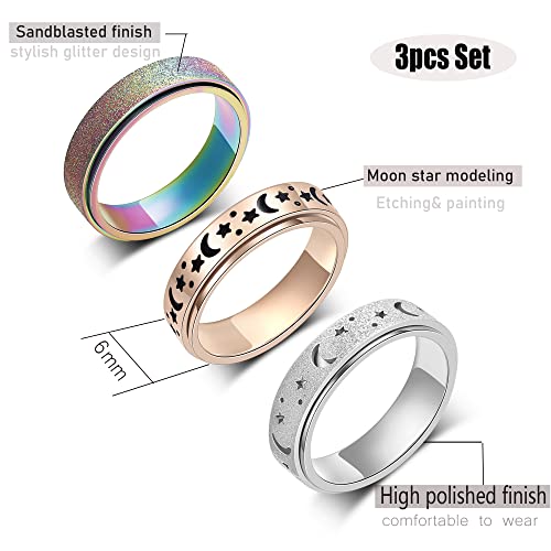 Anxiety Ring for Women Spinner Rings:Rotating Rings Stainless Steel 6mm Moon Star Anxiety for Men Band Jewelry Gift for Women Size 6 7 8 9 10 - color: Three Color