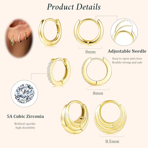 Poxtex Small Sterling Silver Huggie Hoop Earrings Set for Women, Hypoallergenic 14K Gold Plated Hoops Stacks for Multiple Piercings, Dainty Cute Mini Lightweight Cartilage Studs Trendy Jewelry Gift - color: Gold-moon hoop
