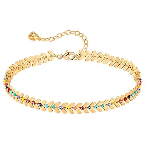 LOYATA Dainty Ankle Bracelet,14K Gold Plated Tiny Bead Anklet Dainty White Cubic Zirconia Cross Tassel Foot Chain Cute Lucky Moon Evil Eye Foot Jewelry Boho Anklets for Women - color: Evil Eye Leaves