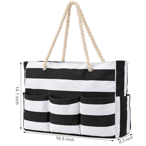 Becokan Beach Bags for Women Canvas Large Beach Tote Bag Zipper Waterproof Sandproof Foldable Swim Pool Bag with 7 Pockets - color: Black