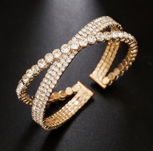 Rhinestone Bracelet for Women MultiLayer Crystal Cuff Bracelet Strand Layered Bracelet - color: Gold 8