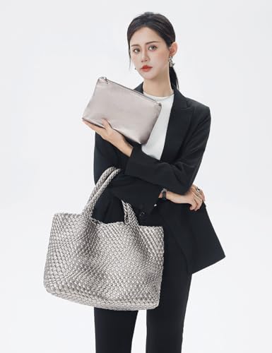 Handmade Woven Tote Bag for Women, Soft Vegan Leather Shoulder Bag with Purse, Large Travel Handbag - color: Silver