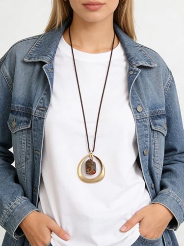 GelConnie Leather Necklace for Women Round Wooden Pendant Long Leather Choker Vintage Sweater Necklace Gold Chunky Boho Necklaces for Women - style: Brown Stone Leather Necklace