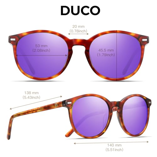 DUCO Women's Trendy Retro Round Acetate Polarized Sunglasses, UV400 99% Glare Block, Lightweight for Daily & Outdoor - color: Brown Tortoise Frame Revo Purple Mirror