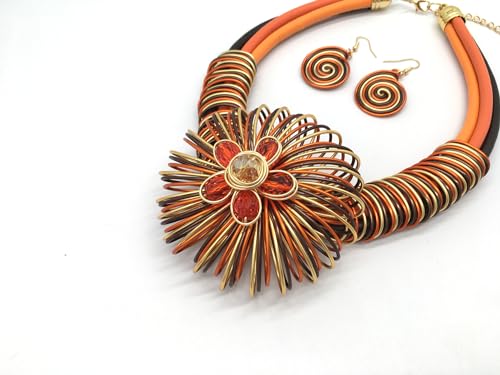 Statement African Necklace For Women African Jewelry Costume Earring Sets Tribal Fashion Colorful Big Rhinestone Crystal Pendent Collar Choker Bold Chunky Bib Handmade - color: Flower Orange