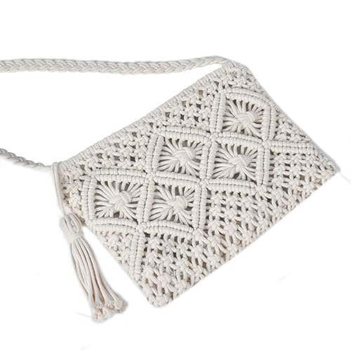 Eiyye Handmade Crochet Purse Boho Cotton Rope Crossbody Shoulder Bag with Tassel Casual Bag for Women - color: Off-white