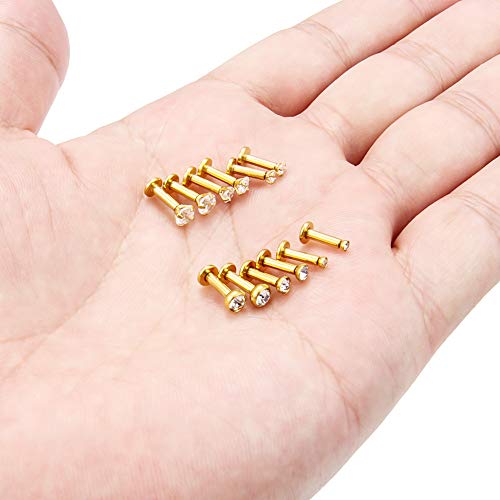 SCERRING 6 Pairs 14G Stainless Steel Clear CZ Internally Threaded Labret Monroe Lip Tragus Cartilage Helix Earring Ring Body Piercing Jewelry 6-10mm - style: 6mm Gold