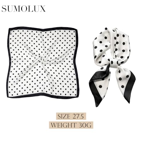 Sumolux Head Hair Scarf for Women Like Satin Silk Scarf Bandana Hair Wrapping Night Large Square Scarves 27.5" - color: White Black Polka Dots