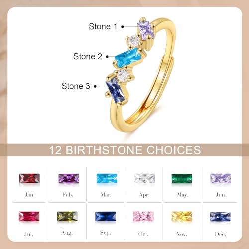 Personalized Birthstone Ring for Mom, 1–4 Baguette Birthstones Adjustable Ring, Minimalist Family Ring, Mother’s Day Gift for Mom Wife Grandma - color: 3 stones