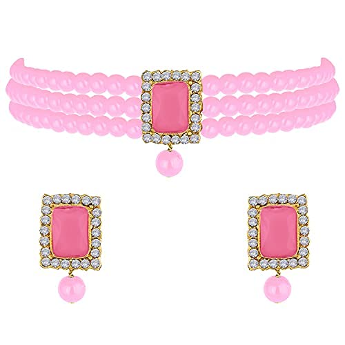 Aheli Ethnic Choker Necklace Earrings Wedding Bollywood Party Jewelry Set Gift for Women - color: Pink